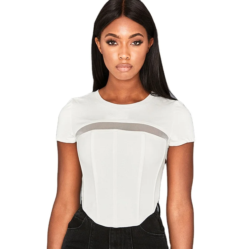 

Ladies MARCH EXPO 2021 Fashion Clothes Mesh False Cotton White Top Hollow Back Out Zipper Summer Crop Tops Shirts Women
