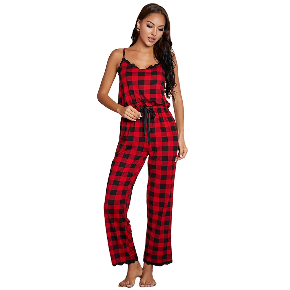 

2021 lucky label sleeveless halterneck deep v neck sexy red plaid cute bodysuit pajama one piece romper women jumpsuit for adult