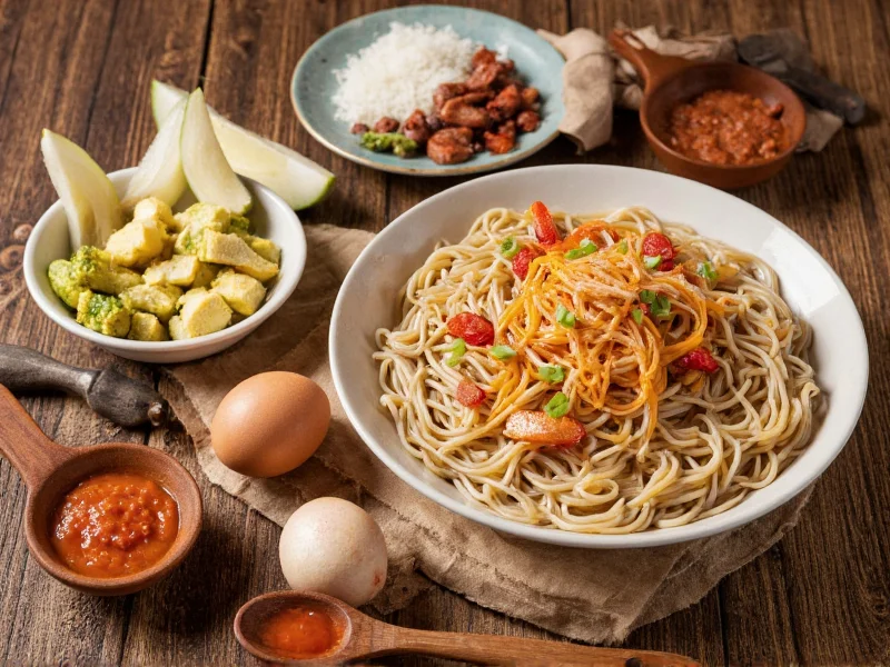 Homemade ramen ingredients on wooden table
