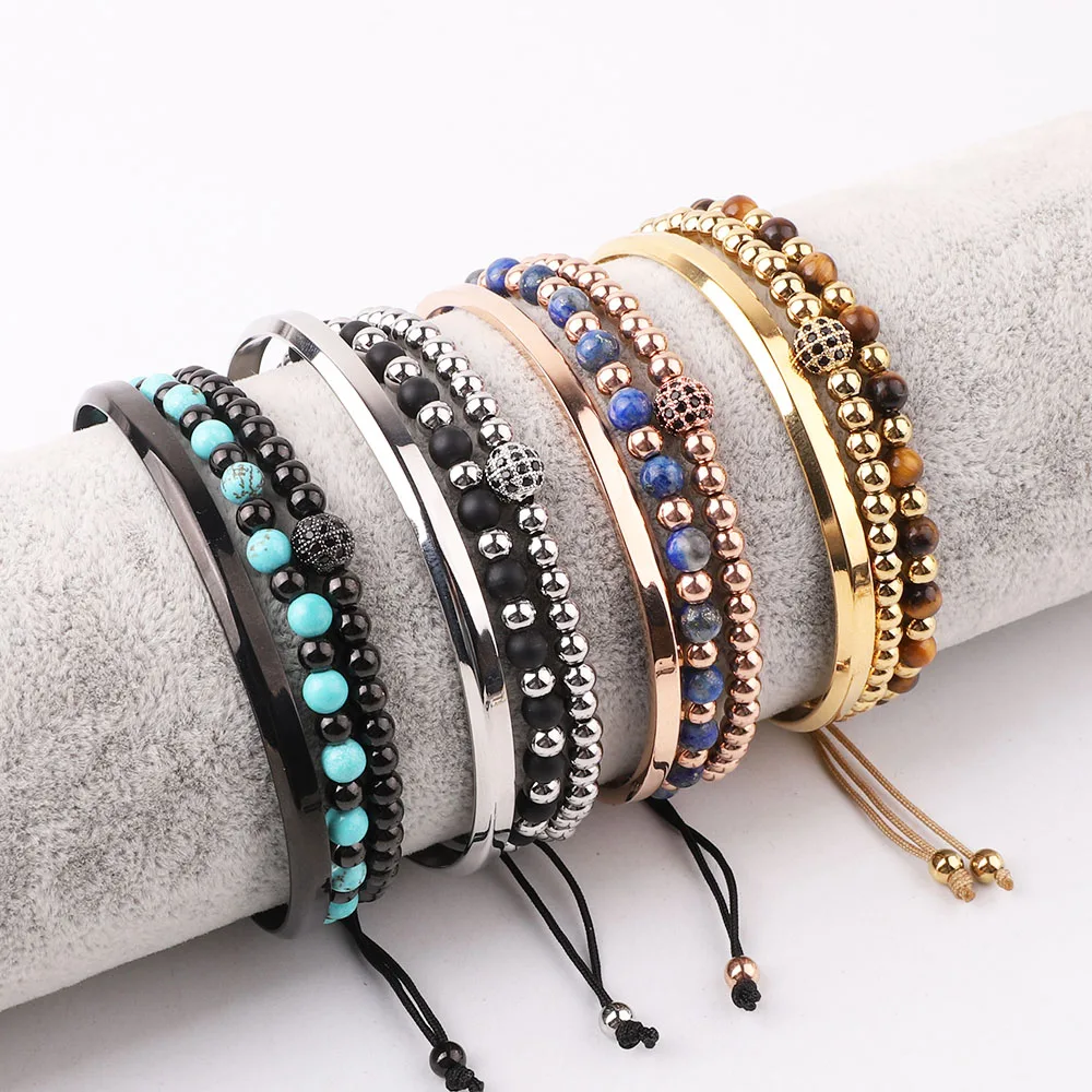 

New Fashion Stainless Steel Bangle 4mm Natural Stone Macrame Beaded Adjustable Bracelet Set Women Men JBS12437