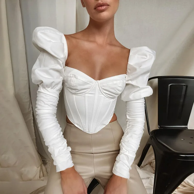 

2021 fall women clothing slash neck puff long sleeve women tops fashionable ladies blouse corset top