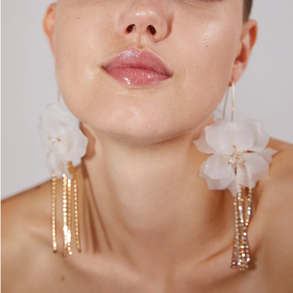 

Barlaycs 2019 Fashion Fancy Statement Vintage Bohemian Unique Long Acrylic Rhinestone Flower Tassel Earrings for Women Jewelry