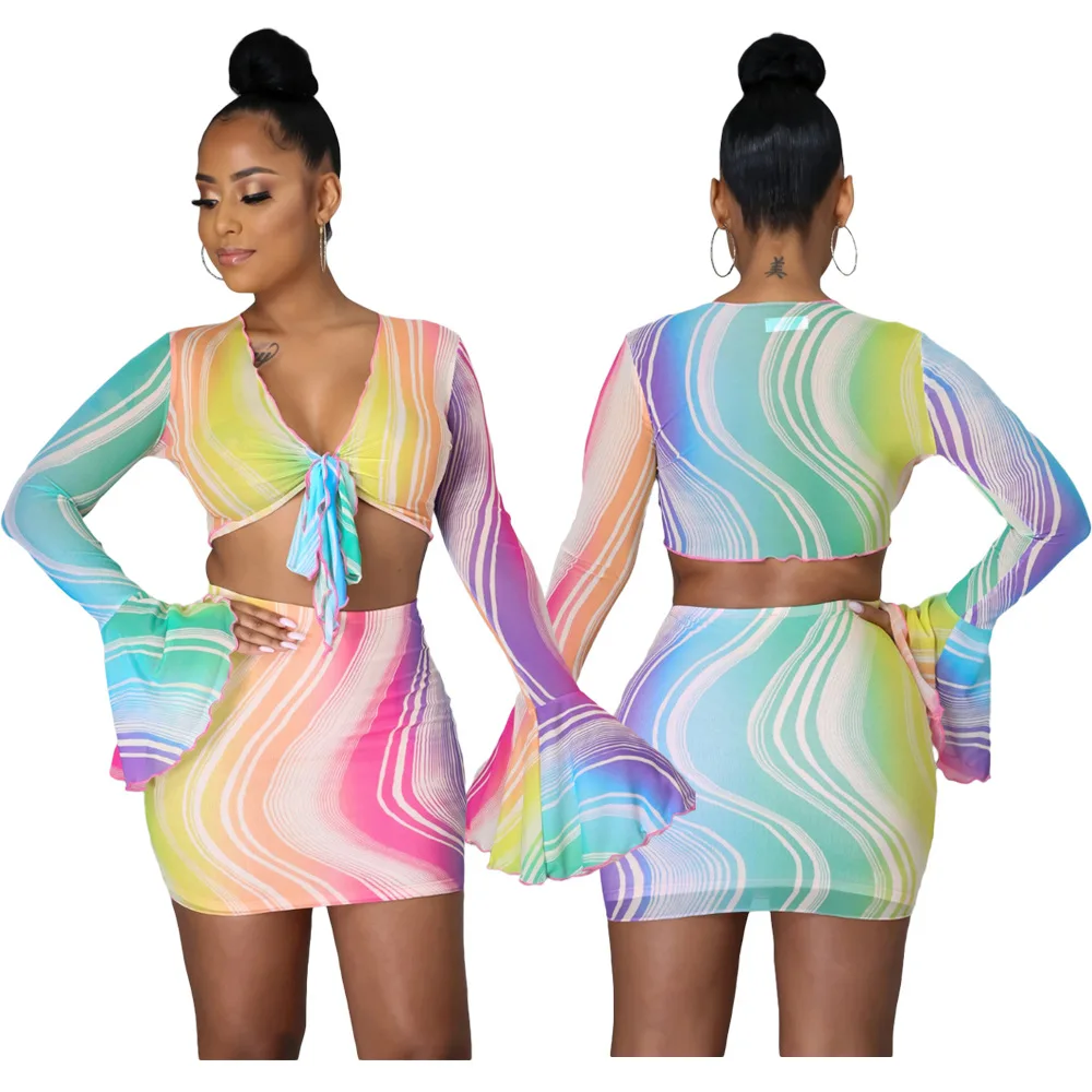 

Summer European And American Women Long-sleeve Sexy Mesh Print Low-cut Women 2 Piece Skirt Suits