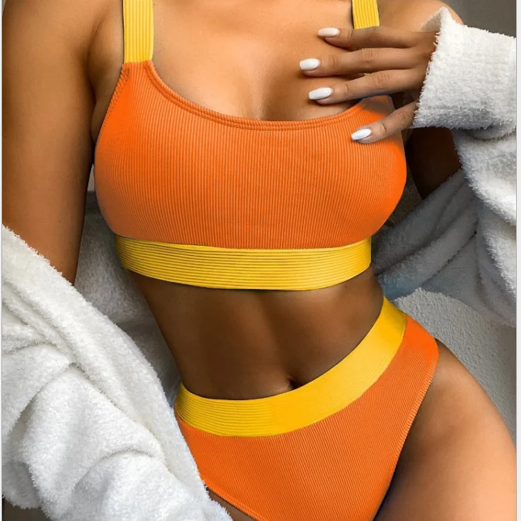 

2021 custom Logo solid color casual swimwear cotton thread high waist vacation personality beach bikini two piece set