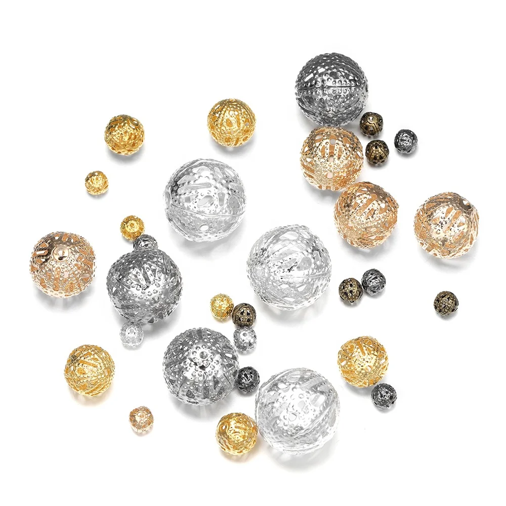 

10-200pcs/lot  Gold Metal Round Seed Spacer Beads Filigree Hollow Bead For DIY Bracelet Necklace Jewelry Makings Supplies, Gold,silver,kc gold,rhodium,gun black,bron