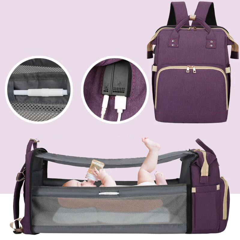 

Wholesale Custom Logo Pattern Fashion Candy Color Mom Bags Bed Backpack Baby Diaper Bag with Usb Charger