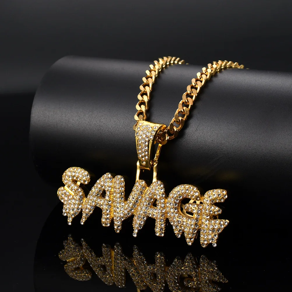 

Customized Iced Out CZ Drip Initial Bubble Letters Necklace Bling Hip Hops SAVAGE Pendant Necklace