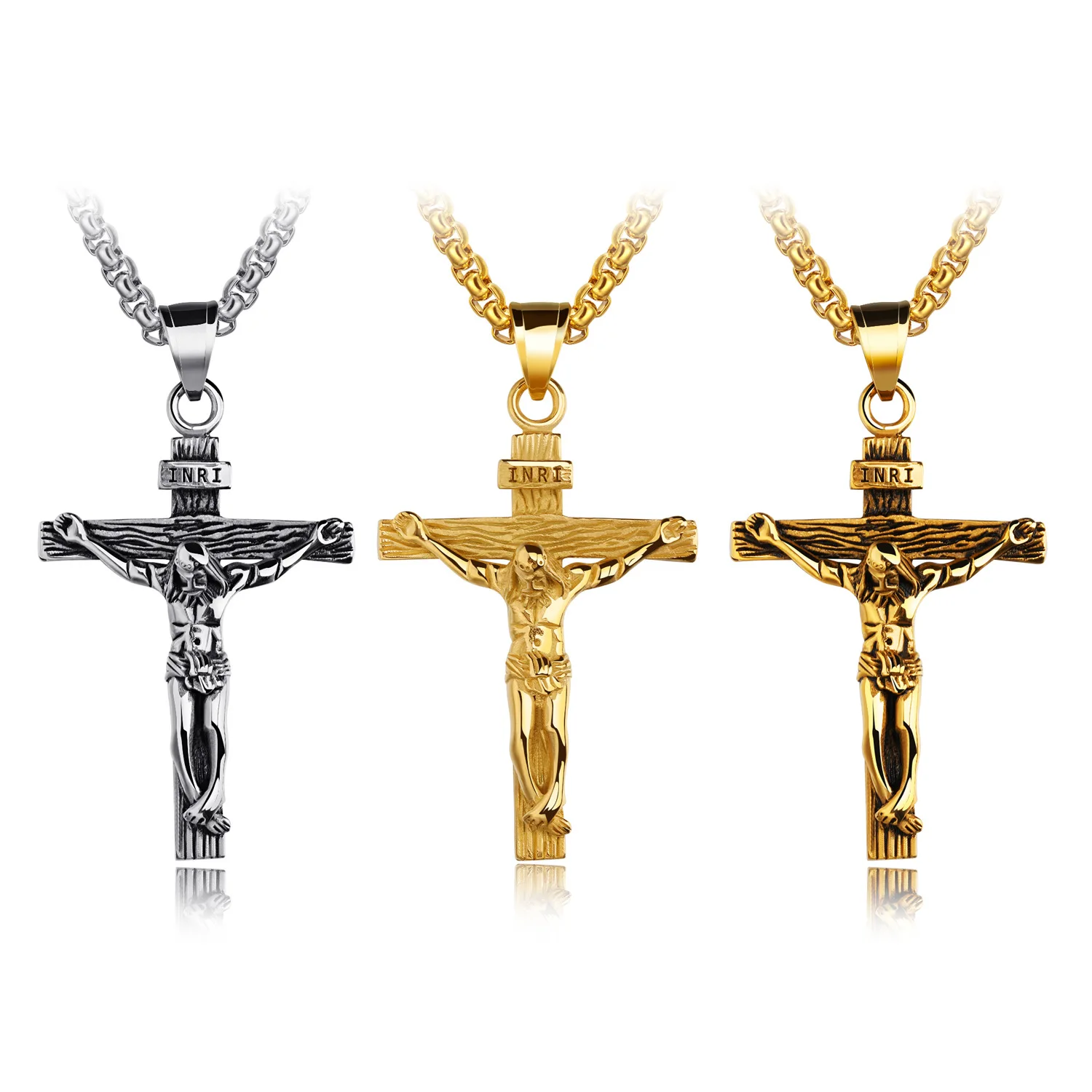 

New Fashion Retro Vintage Mens Cross Pendant Necklace Large Stainless Steel Cross Pendant Necklace For Men, As the picture shows