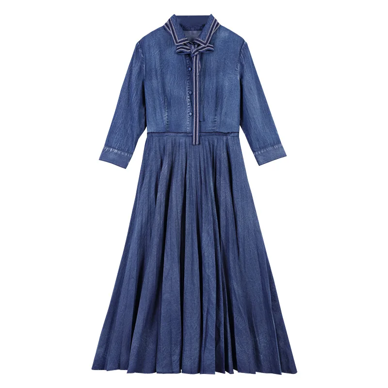 

2021 Spring New Women Vintage Denim Dresses High Waist Seven Sleeve Turn-down Collar Original Women Belt Pleated Dress