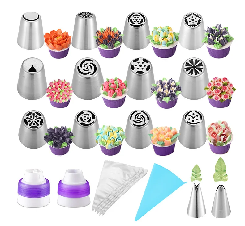 

27PCS Stainless Steel Cake Decorating Russian Piping Nozzles With Piping Bag