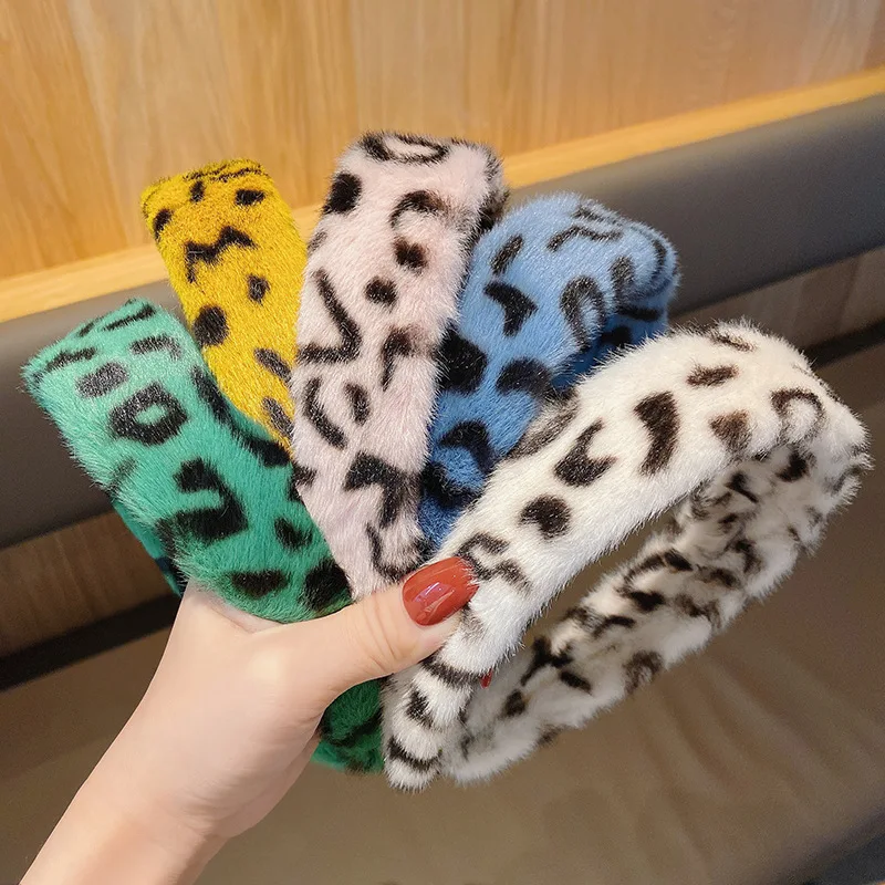 

JUHU New retro leopard print headband plush wide-brimmed headband hairpin imitation fur hair accessories for women, Colorful