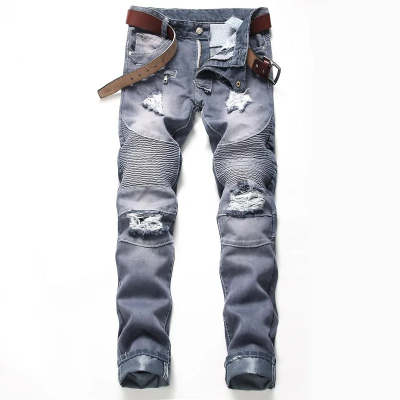 

2021 hip hop men fashion ripped selvedge denim jeans straight leg patch skinny zip stack jean pants