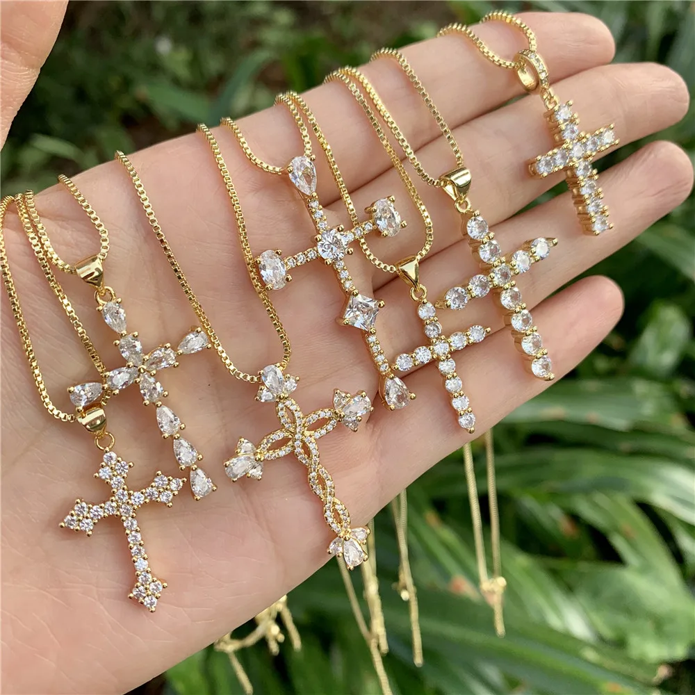 

LS-B1695 Multi styles Cross shaped pendant necklace cz micro pave necklace religion necklace women men jewelry, As is