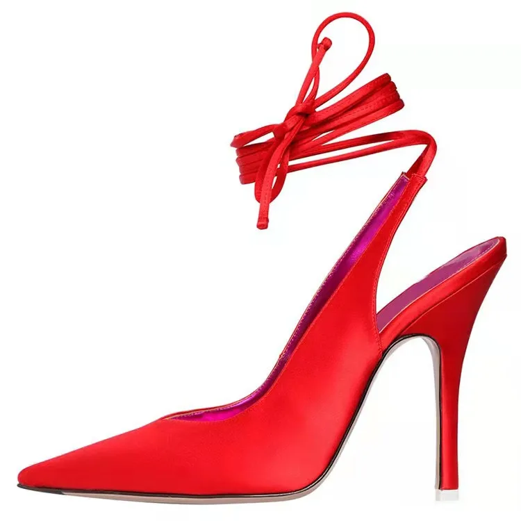 

2021 Summer Lace Up Slik Sandals Fashion Pointed Toe Women High Heels Formal Shoes Ladies Slingback shoes