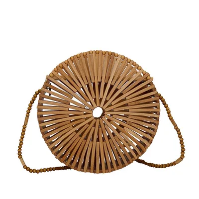 

2021 New Woven Shoulder Messenger Small Round Environmental Protection Handmade Handle Female Beach Bag Holiday Bag Bamboo Bag, Wood