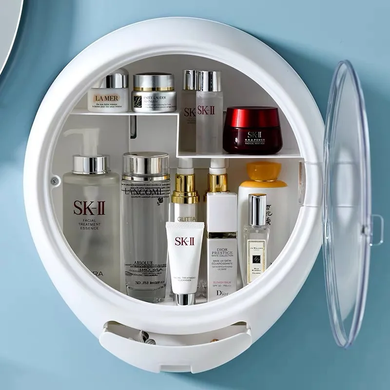 

Large Capacity Dust-proof Transparent Round Bedroom Bathroom Wall-mounted Non-perforated Makeup Organizer Cosmetic Storage Box, Blue, pink, white