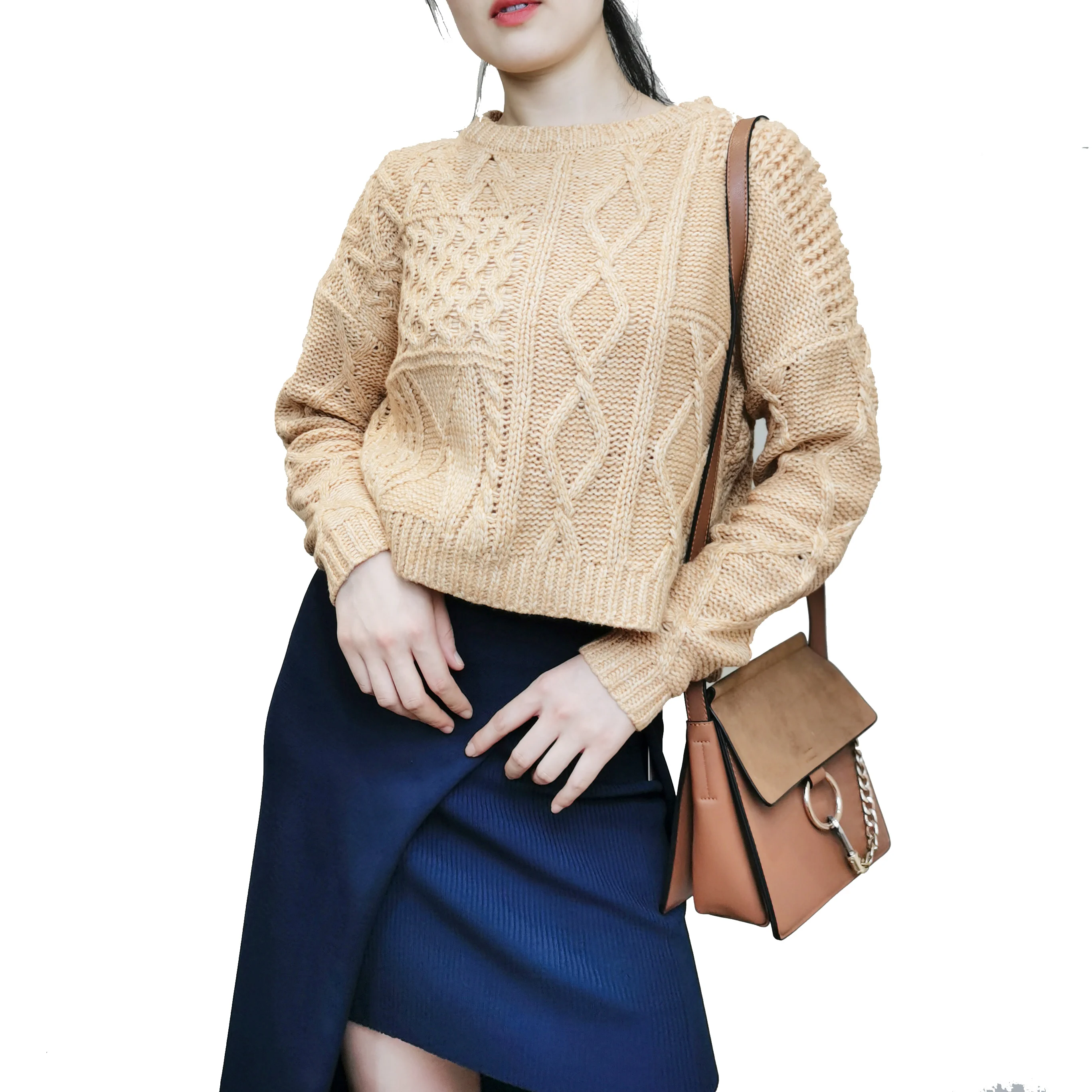 

Factory Price Cheap Plus Size Pure Color Long Sleeve Short Cable Knitting Sweater