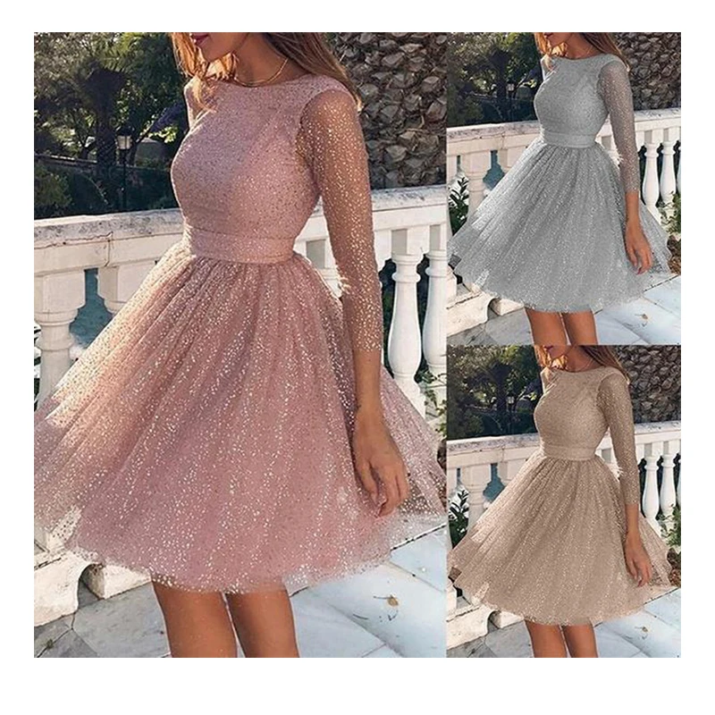 

Casual fashion women's summer new round neck long sleeve see-through sequin sexy lace dress