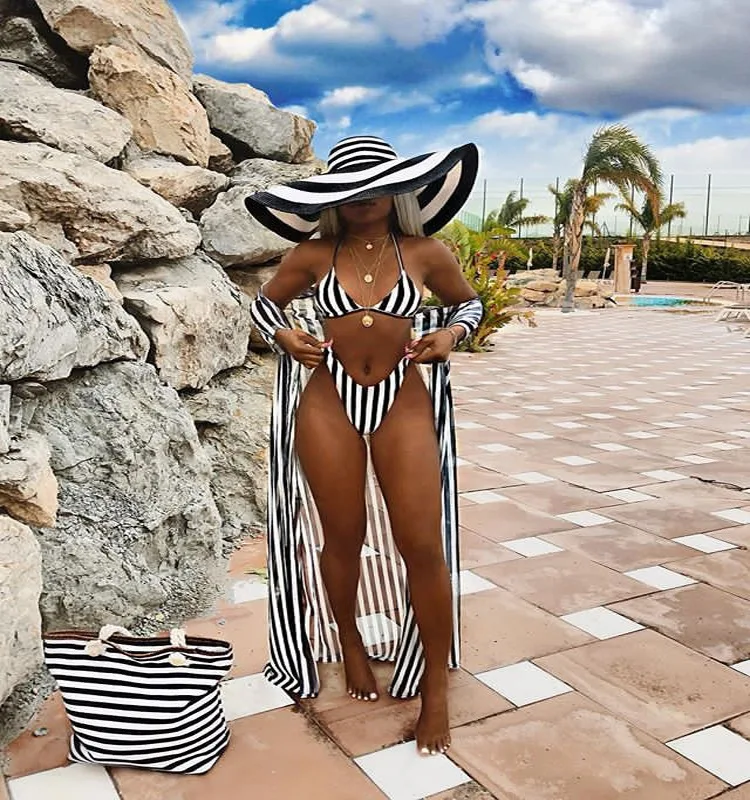 

2020 summer new arrival women stripe 3 piece set beach swimsuit suit for women