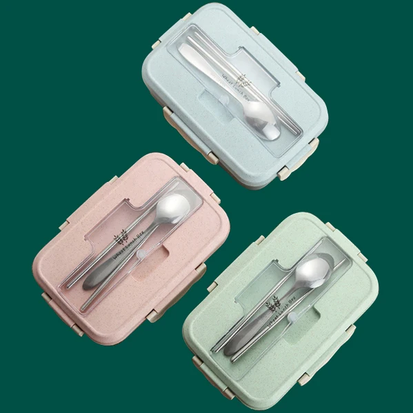 

3 Compartment Leakproof Biodegradable Wheat Straw Lunch Box Tiffin Bento Lunch Boxes With Cutlery