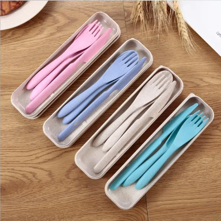 

Customized Promotional Reusable Portable Travel Biodegradable Spoon Fork Set Eco-friendly Wheat Straws Cutlery Set, Green,pink,blue,natural color