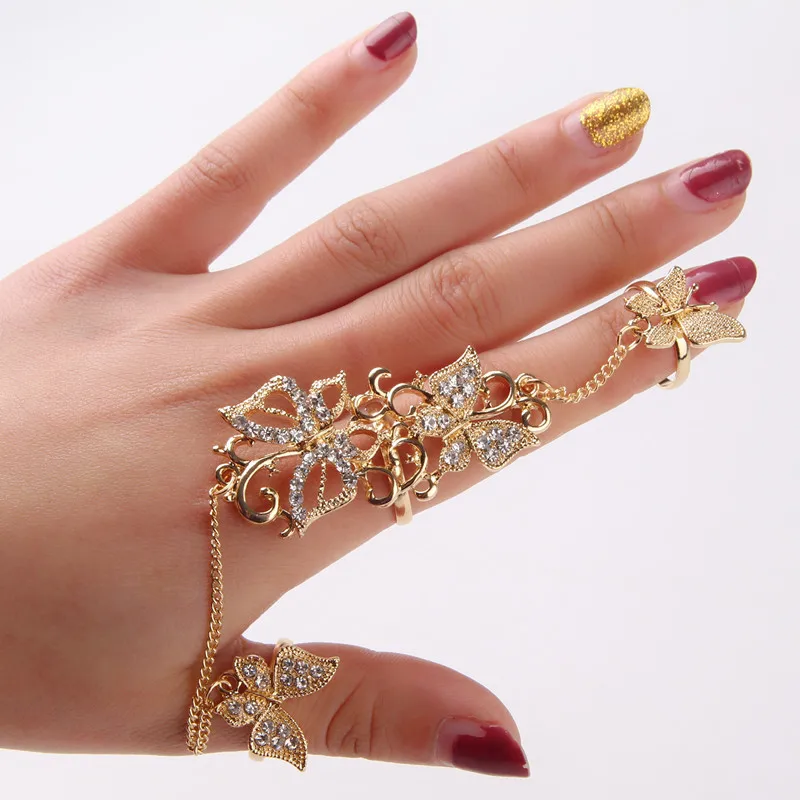 

Fashion Butterfly Hollow Flower Rattan Crystal Resizable Multi-finger Ring