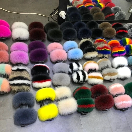 

Wholesale custom logo fluffy real fox raccoon fur slippers furry fur slides for women, Customized color