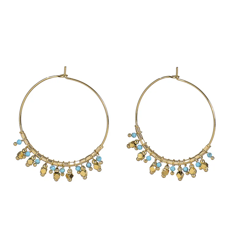 

Hot Selling European Women Blue Turquoise Pendant Gold Hoop Earring Gold Plated Hoop Jewelry Vintage Palace Style earrings, 3 colors