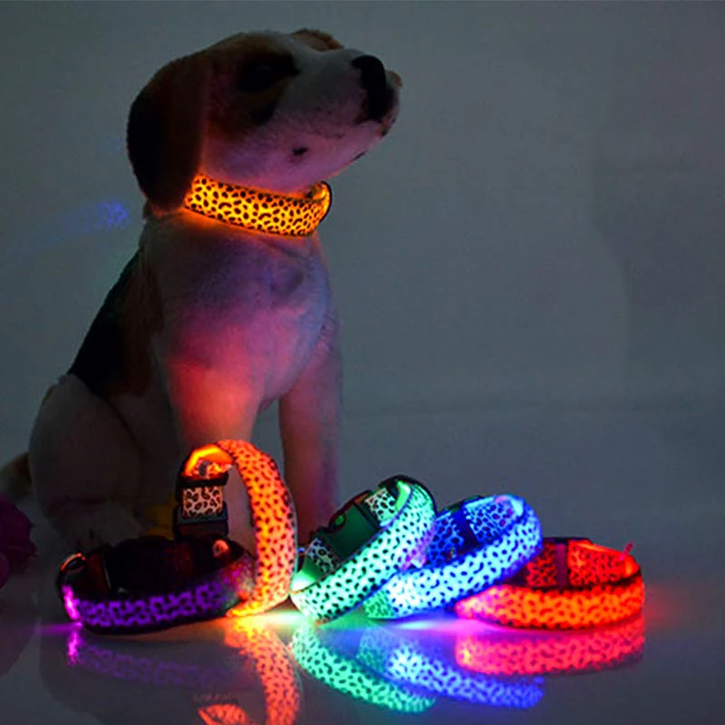 

Fashion Leopard Print Customized Designer LED Lights Luminous PP Traction Adjustable Pet Dog Collar And Leash