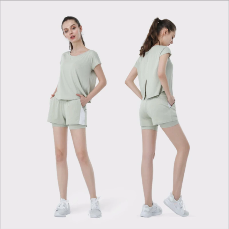 

Summer New Short Sleeve Shorts Wholesale Fast Dry Breathable Loose Mesh 2-Piece Women's Sports Yoga Suit, Same as picture shows