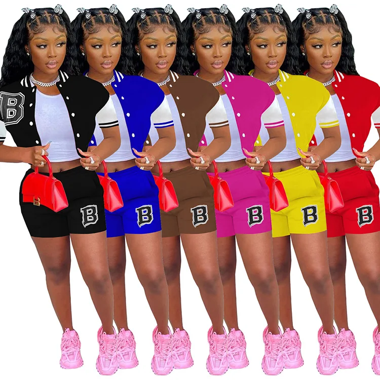 

2022 woman 2 piece outfits Jacket And Short Pants Set Sweat Suit Set Cropped Patchwork Varsity Jacket 2 Piece Women Baseball Set