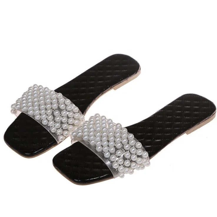 

Pearl decoration outdoor casual flat open toe slide slippers women