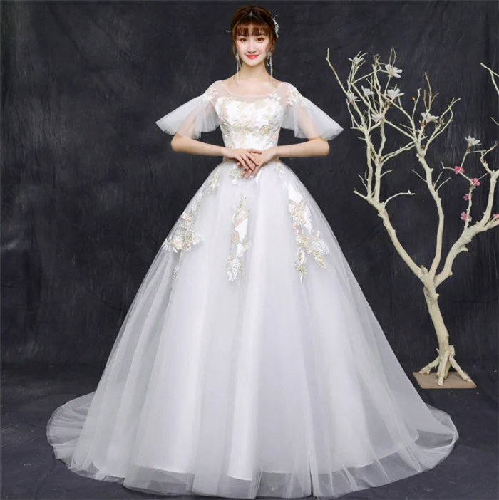 

S-8XL Luxury Crystals Beading Ball Gown Wedding Dresses Vintage Long Sleeves Sheer Neck Puffy Plus Size Bridal Gown, White