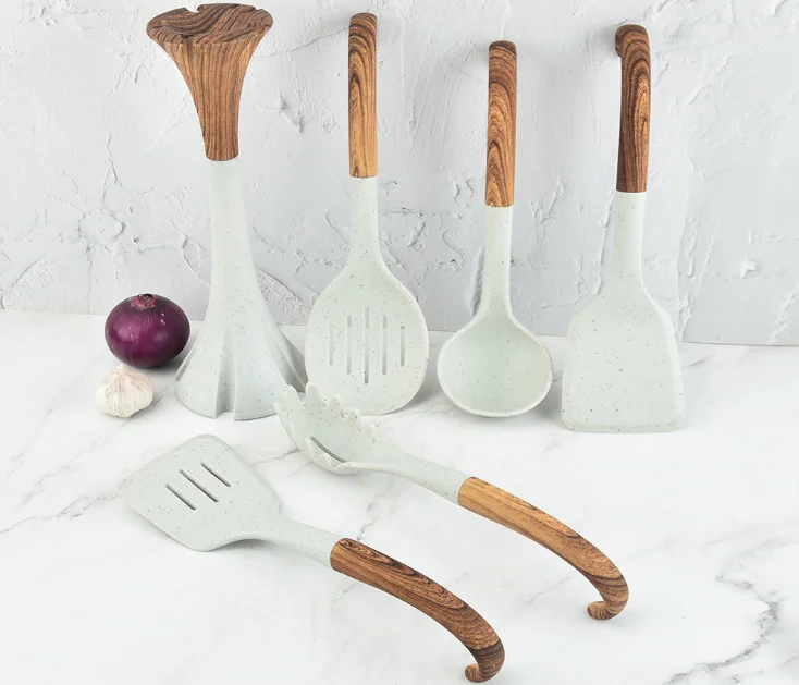 

6 Piece Silicone Kitchen Utensils with Natural Wooden Handle Wooden Kitchen Spurtle House Hold Products For Kitchen, Natural wood color