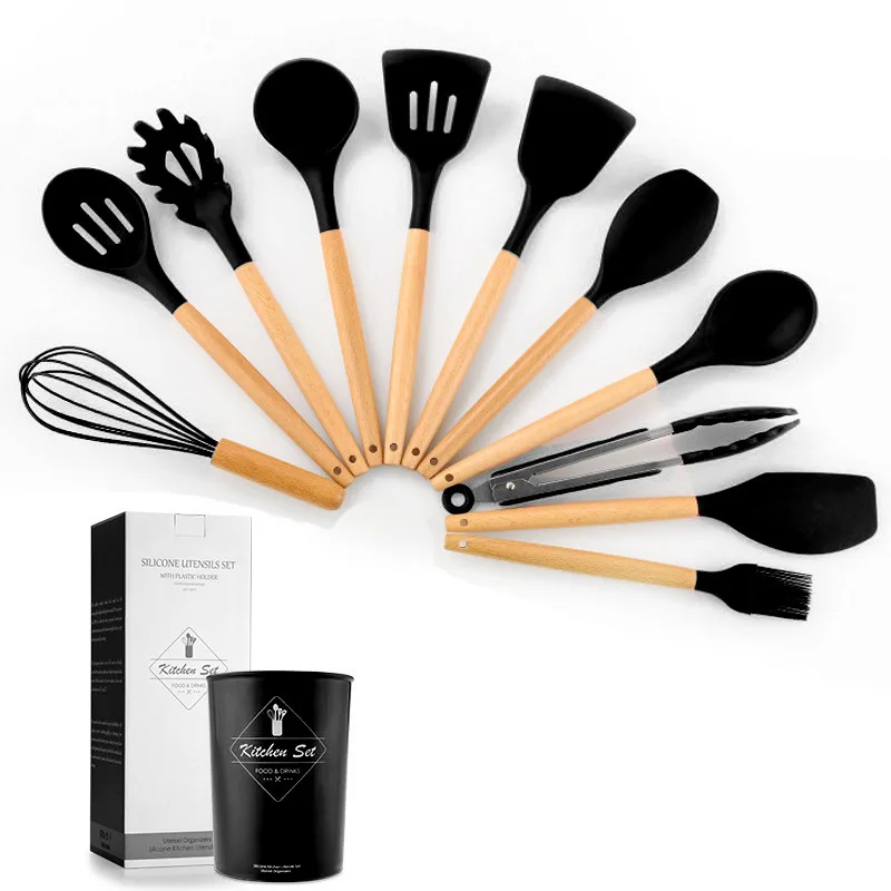 

Free Sample 11 Pcs Kitchen Cooking Utensil Gadget Set Wooden Silicone Utensil Accessories, Black, red, pink, skyblue, purple