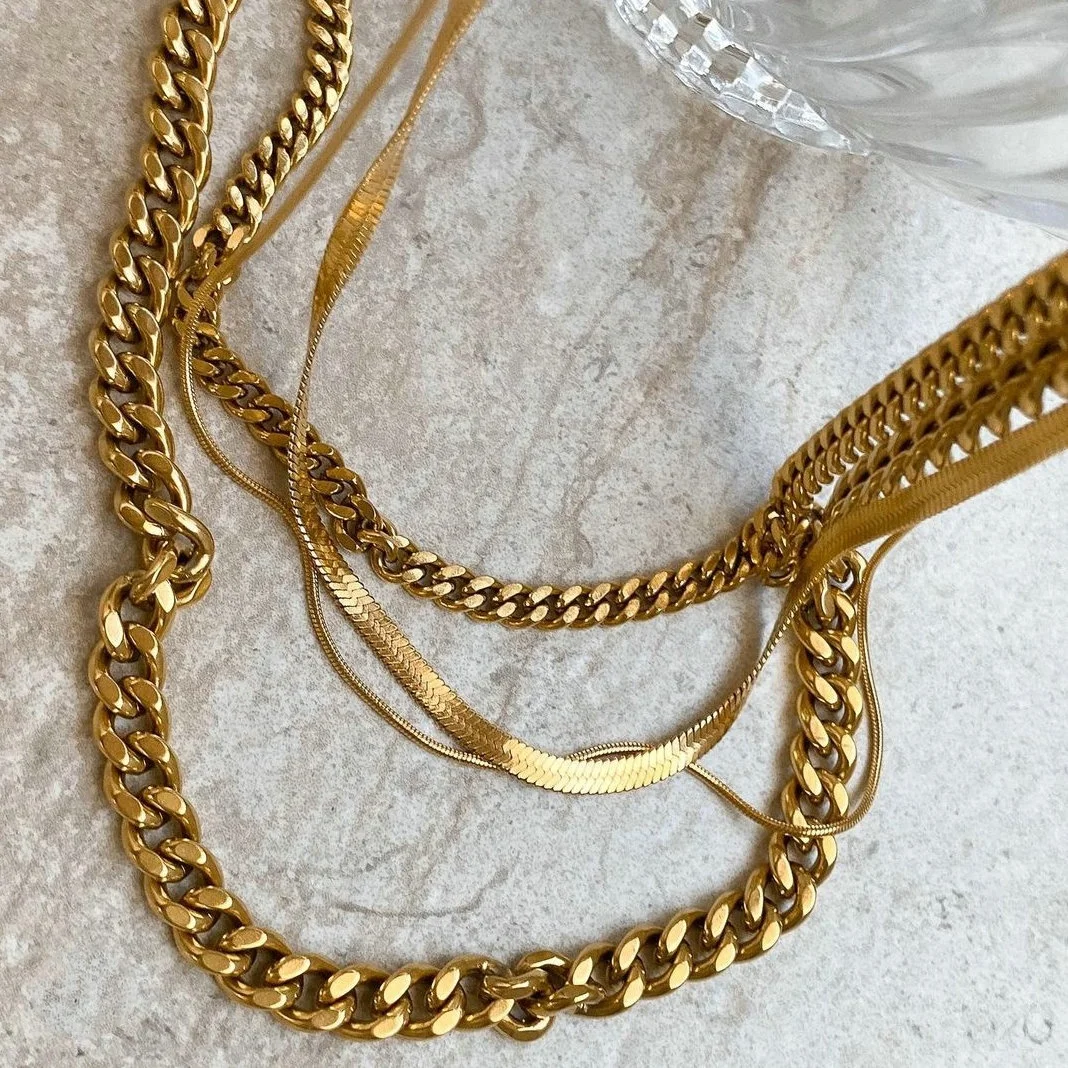 

Hot 18K Gold Vacuum Plated Stainless Steel Cuban Chain GEM Necklace Double Snake Chain Necklace