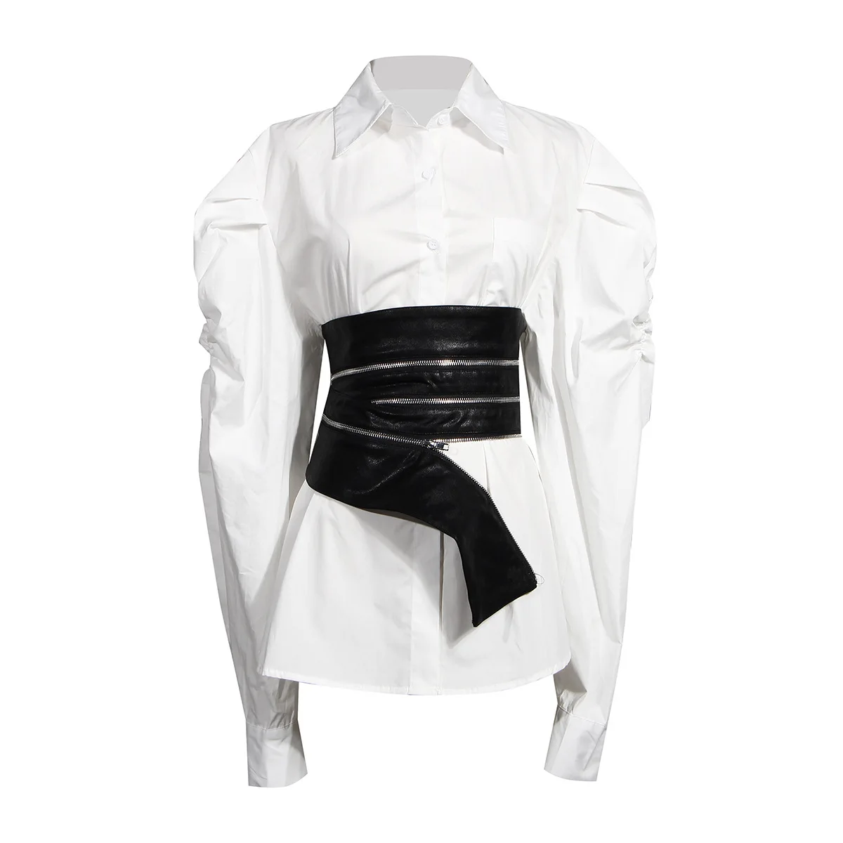 

Stylish 2020 Autumn New Diablo Style leather zippered waist puff sleeve fashion two-piece set