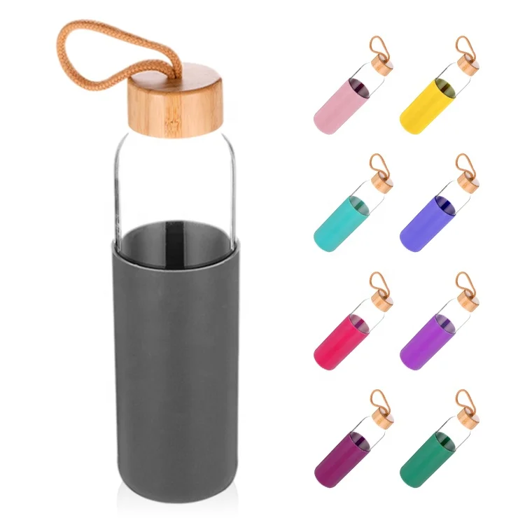 

550ML BPA-FREE Borosilicate Glass Custom Sport Water Bottle with Protective Silicone Sleeve and Bamboo Lid