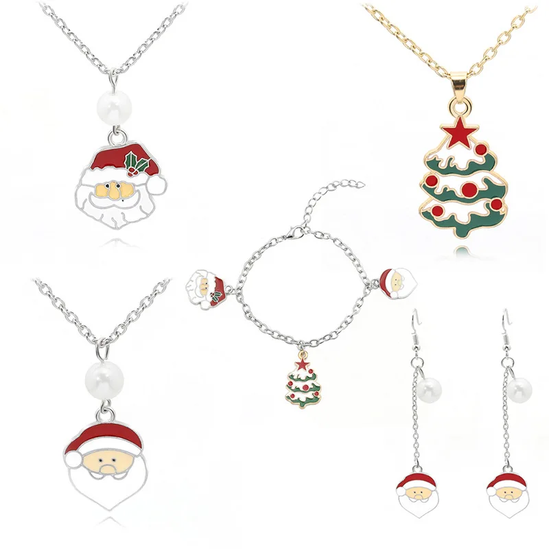 

Cartoon Cute Gift Santa Claus Christmas Tree Necklace Earrings Bracelet Setring Necklace Earring Jewelry Set, Picture shows