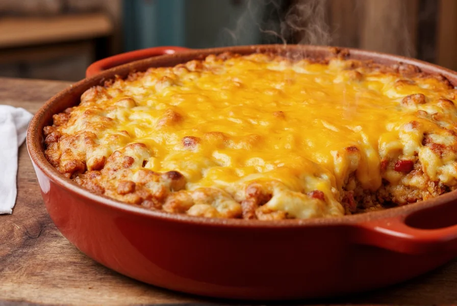 Perfectly baked chili mac casserole with melted cheese topping, golden edges, and steam rising from a ceramic dish on a wooden table