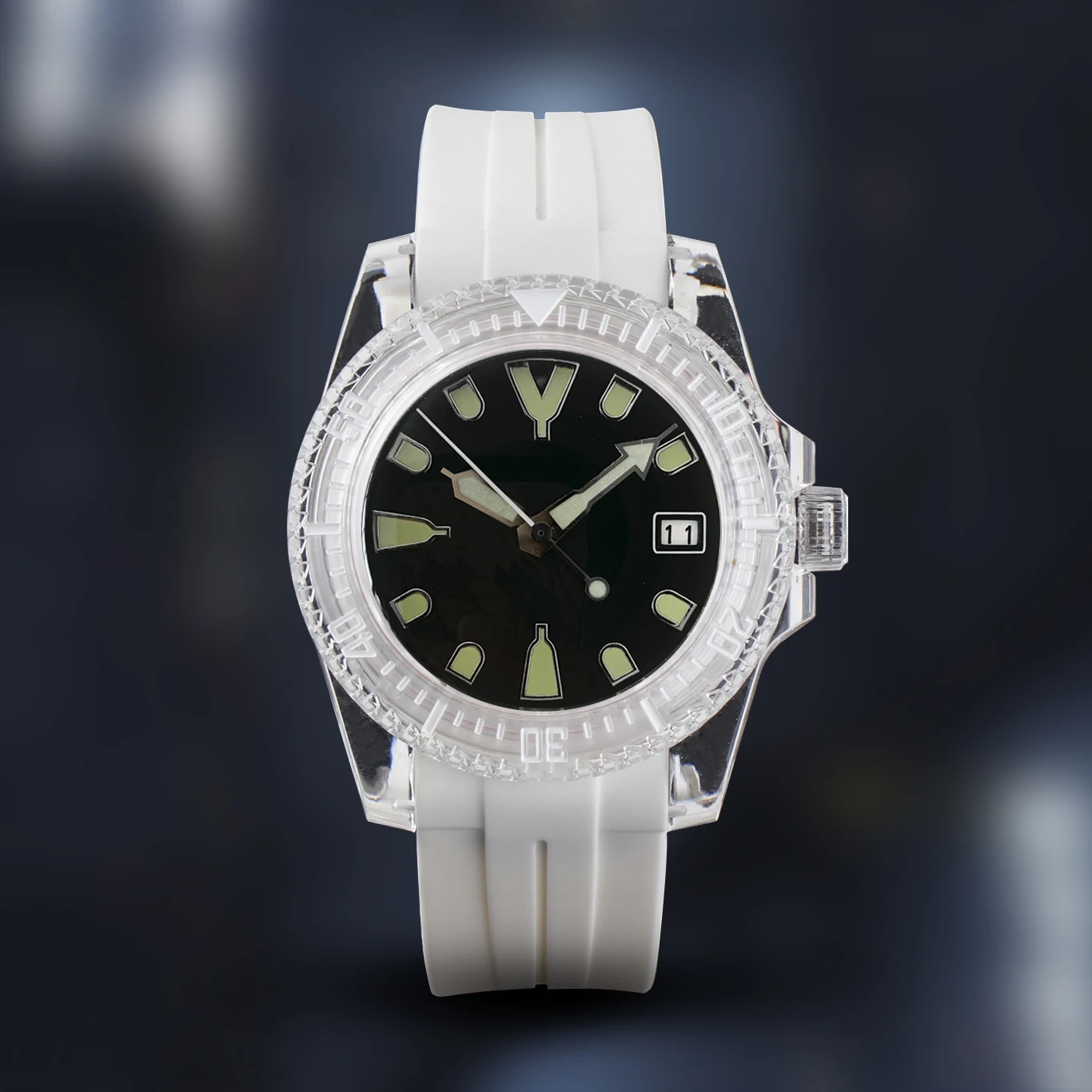 

40mm Sub Mod Watch Case Acrylic Transparent Watches Man Woman NH35 Movement Automatic Green Full Luminous Bezel Diy Rubber, 1 color