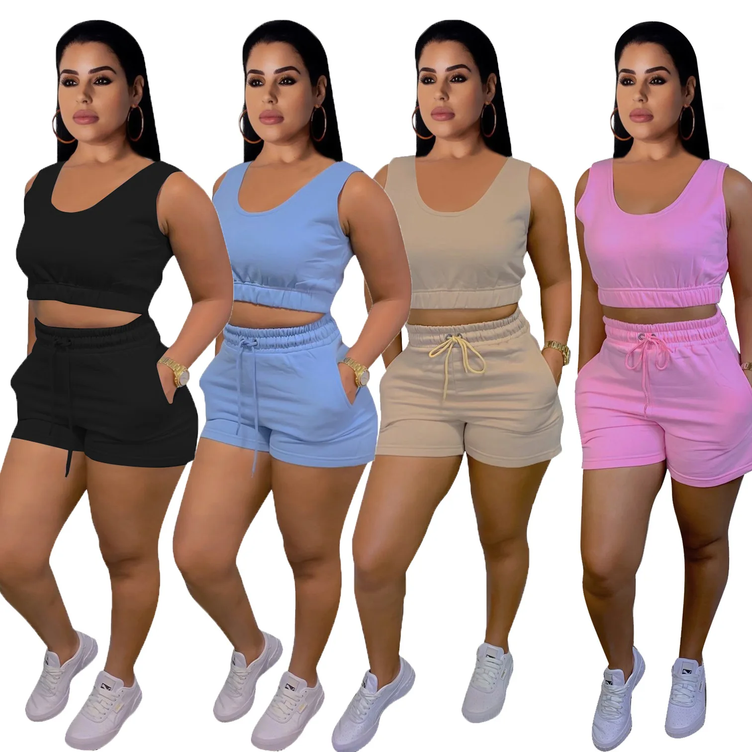 

Wholesale Custom Knit Crop Top And Biker Shorts Set Sports Yoga Gym Two Piece Set Women Clothing Summer Sets For Women Clothing, As show