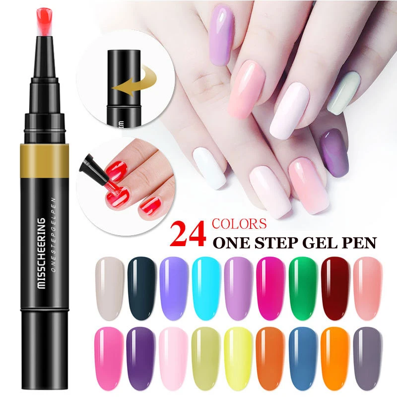 

3 In 1 Nail Painting Varnish Gel Pen One Step Hybrid Nail Art UV Gel Polish 8ml Glitter Lacquer Pencil Easy to Use Nail Glue, 24 colors as picture