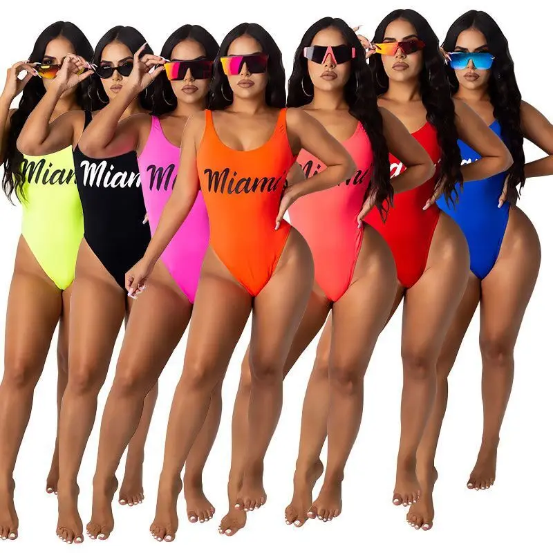 

2021 Swimwear Solid Color One Piece Swimsuit Backless Sexy Women Bikini High Waist Beach Wear Bathing Suits