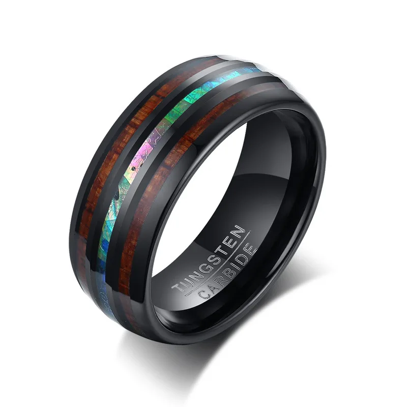 

Fashional Popular Colorful Shell Wood Band Rings High Quality Men Black Wooden Tungsten Carbide Rings