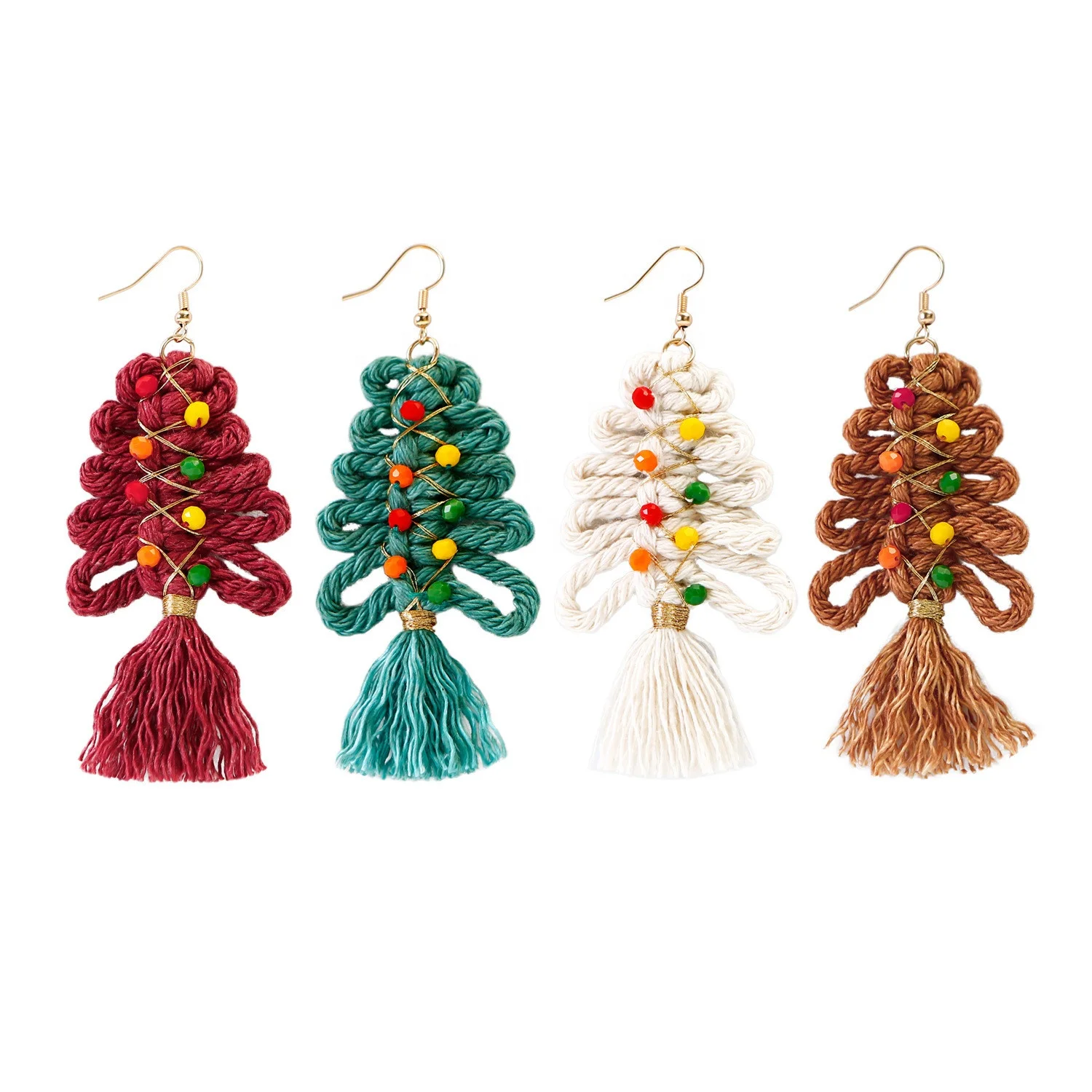 

Christmas Gift Boho Cotton Thread Macrame Christmas Tree Tassel Drop Earrings Bohemian Fringe Dangling Earring Girl Jewelry