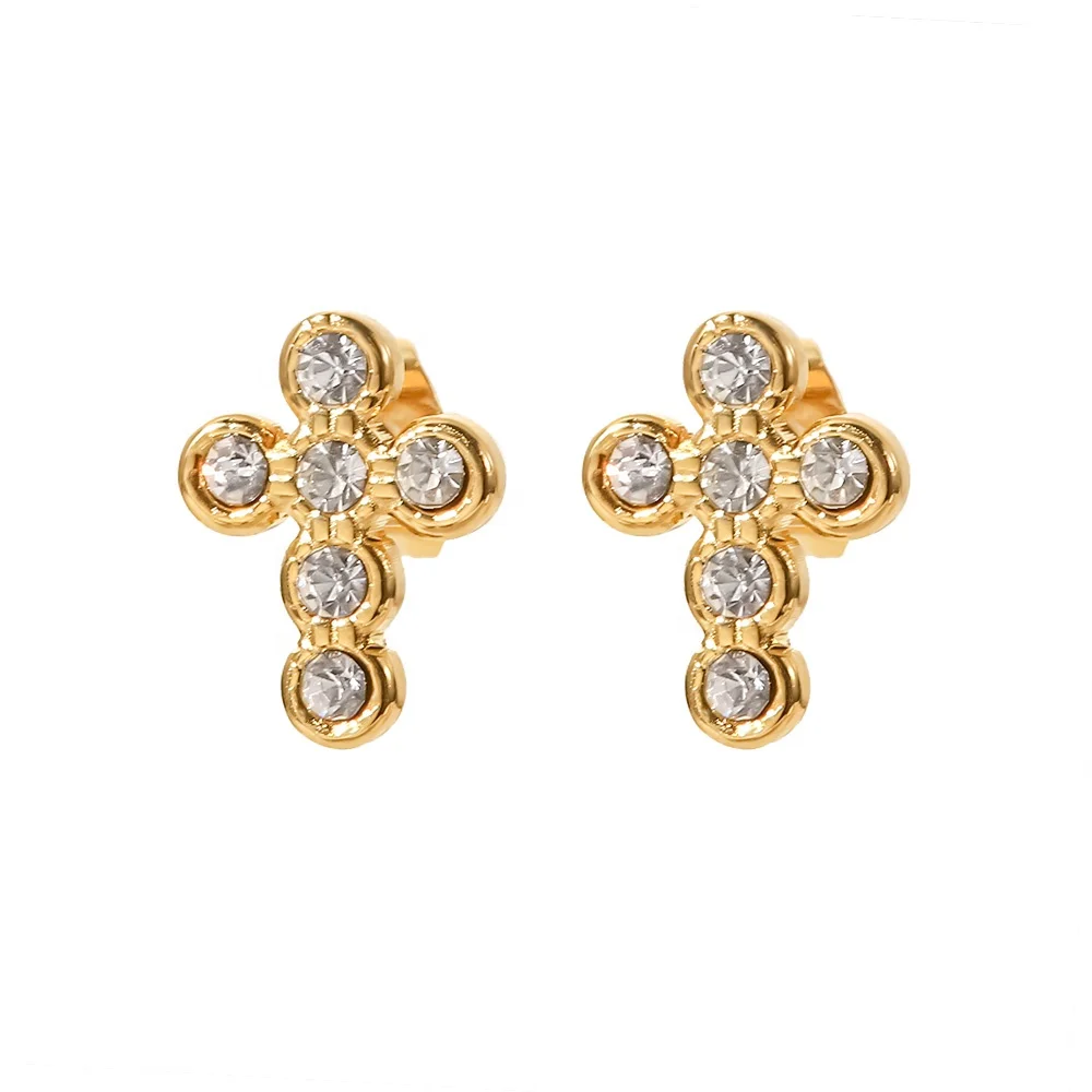 18K Gold Plated Cross Shape Zircon Insert Stainless Steel Stud Earrings Waterproof Jewelry