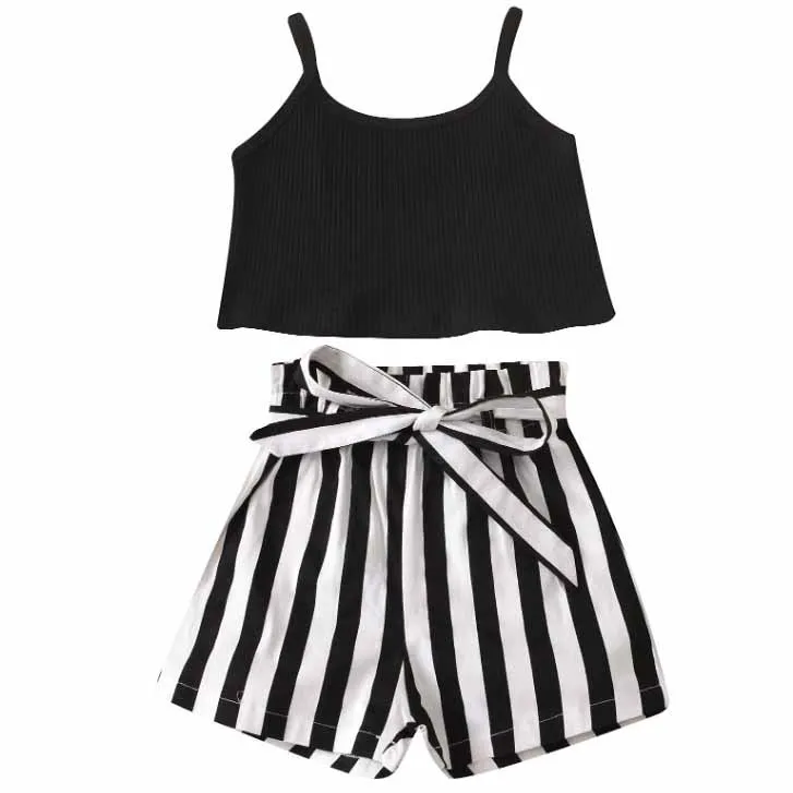 

Wholesale Kids Pure Color Strip Sleeveless Top Black And White Stripe Shorts With Belt Set