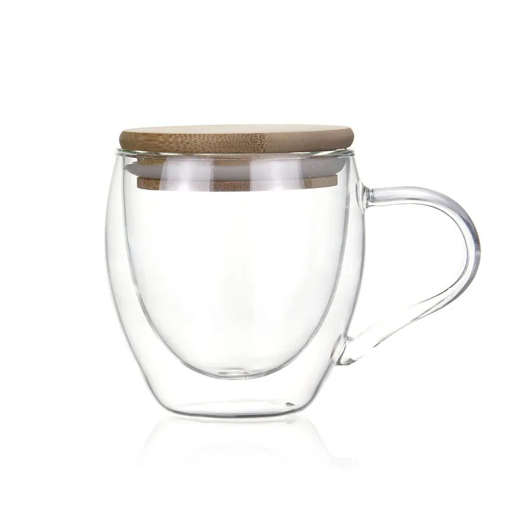 

Handmade Heat Resistant Borosilicate Double Wall Glass Tea Cup Coffee Mug with Bamboo Lid, Transparent