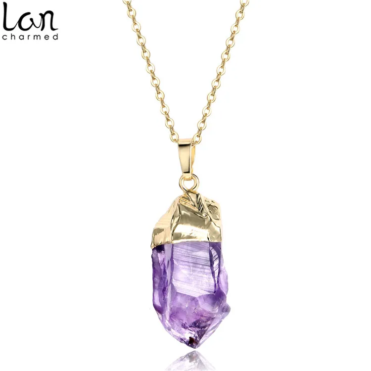 

Natural Raw Amethyst Quartz Crystal Stone Pendant Necklace Gold Plated Chain Necklace, Purple